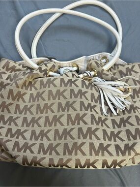 Michael Kors MK Logo Tote Bag Brown White Gold Tassel Shoulder Bag Purse